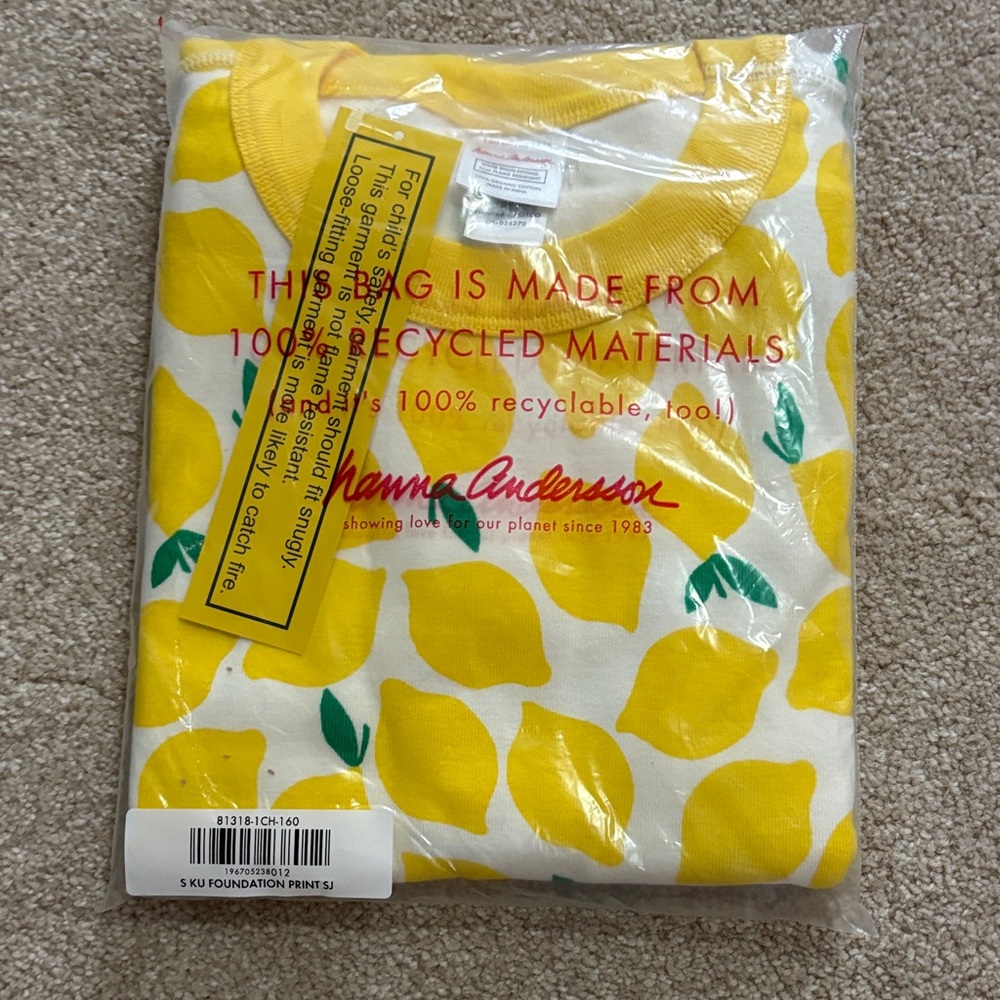 Hanna Andersson Lemon Print Short Sleeve Pajama Set, Size 14-16, 160cm